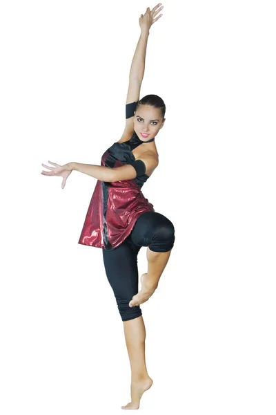 Young dancer dances in a red dress — Stock Photo, Image