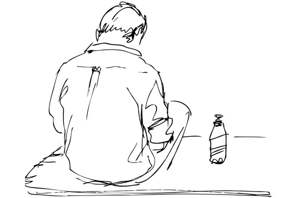 Companheiro senta-se em uma mesa com a garrafa de cerveja —  Vetores de Stock