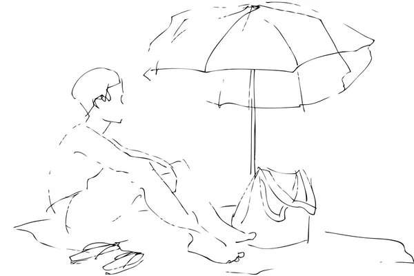 一个男孩坐在一把雨伞下的海滩上 — 图库矢量图片