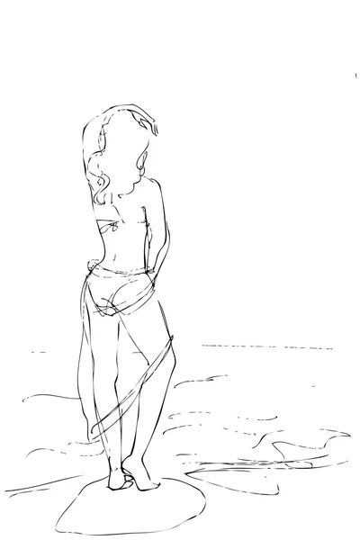 Струнка блондинка на березі в купальнику — стоковий вектор