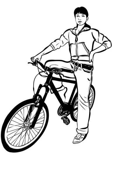 Skizze eines jungen Mädchens mit einem Fahrrad — Stockvektor