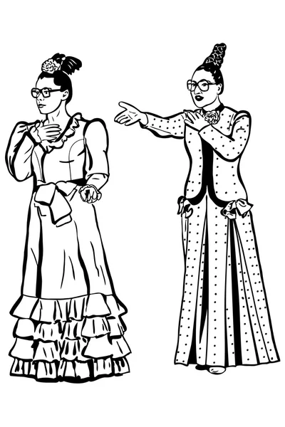 草绘复古年轻女人眼镜和长礼服 — 图库矢量图片
