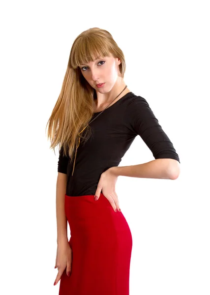 Blonde in the office red skirt on a white background — Stock Photo, Image