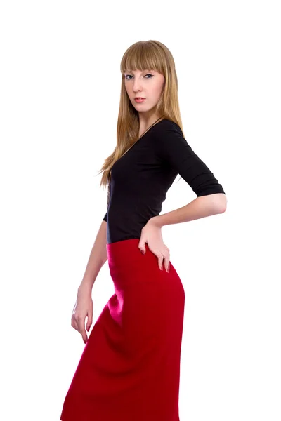 Блондинка в офисе красная юбка на белом фоне — стоковое фото