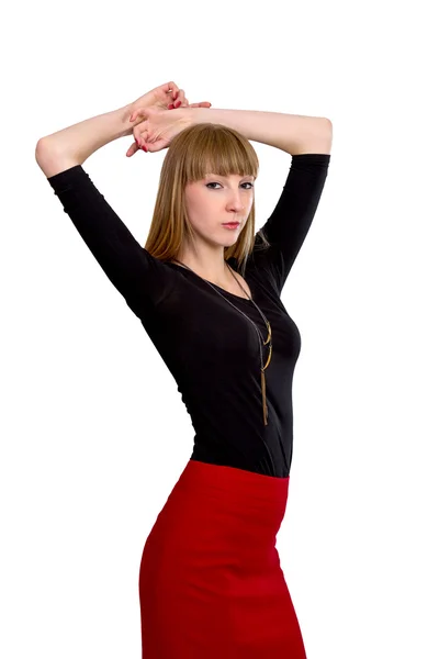 Blondin i office röda kjolen på en vit bakgrund — Stockfoto