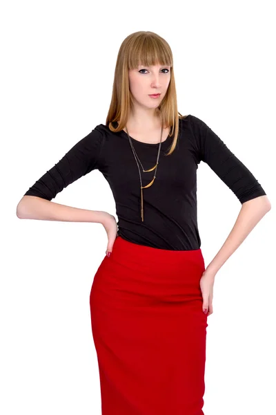 Blondin i office röda kjolen på en vit bakgrund — Stockfoto