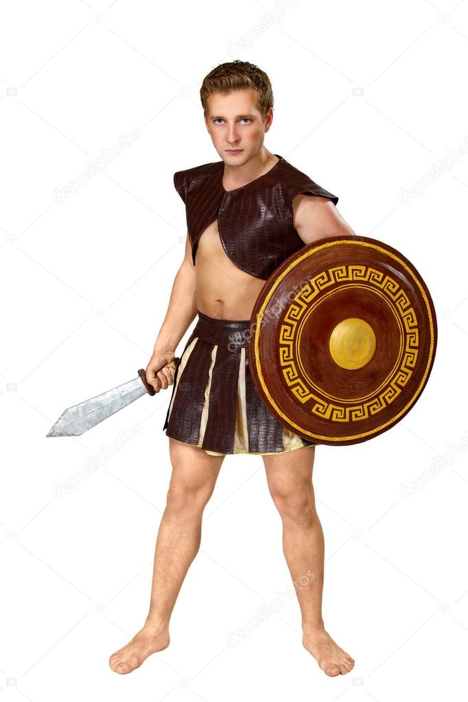 young male warrior with a shield