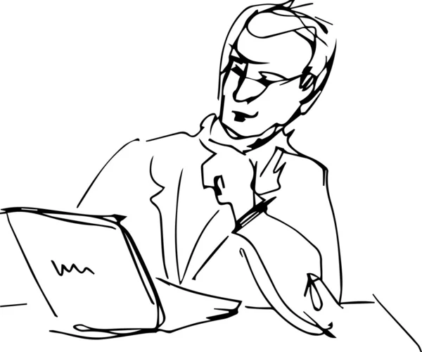 Man aan tafel zit met laptop lezing — Stockvector