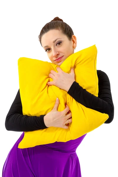 Woman with cushions on a white background — Stock Photo, Image