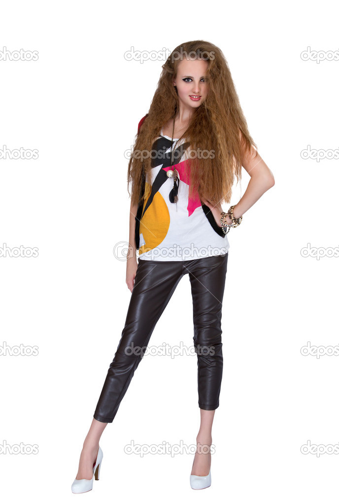 Girl In Punk Rock Style On White Background Stock Photo