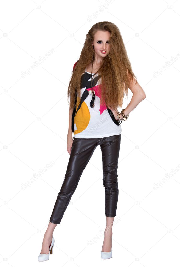 Girl In Punk Rock Style On White Background Stock Photo