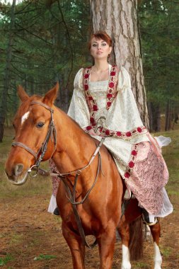 beautiful girl in antique dress on horseback  clipart