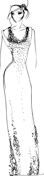 Croquis noir et blanc d'une fille en robe de soirée — Image vectorielle