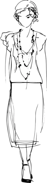 Černé a bílé skica dívky v krásné šaty — Stockový vektor