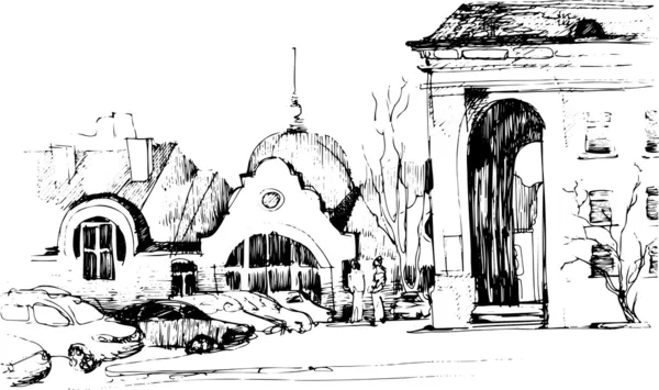 Boceto en blanco y negro del paisaje de la ciudad — Archivo Imágenes Vectoriales