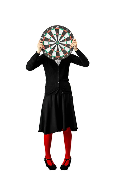 Mage Flicka Röda Strumpbyxor Med Dart Mål — Stockfoto