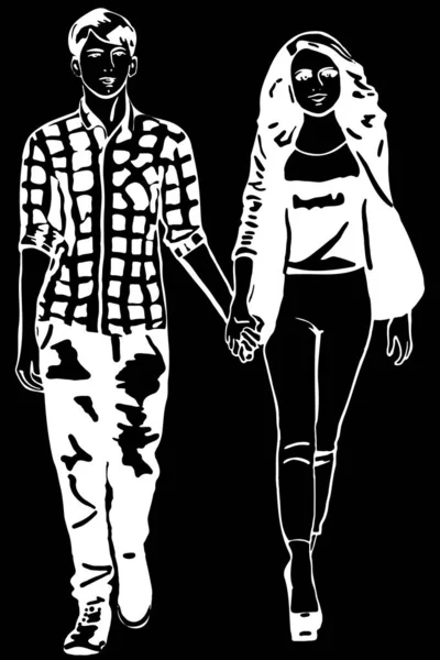 Bosquejo Vectorial Blanco Negro Chico Una Chica Caminando Tomados Mano — Vector de stock