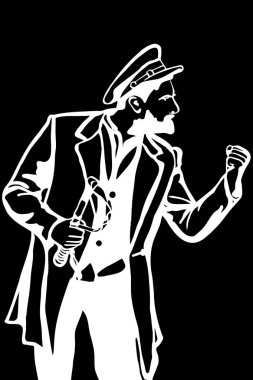 Siyah ve beyaz vektör çizimi. Şapkalı bir adam. Yumruğuyla tehdit ediyor.