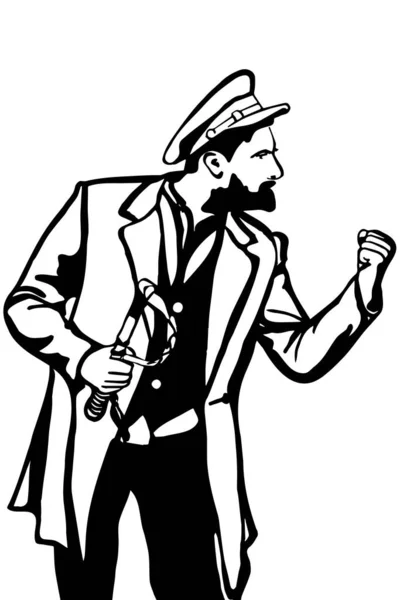 Croquis Vectoriel Noir Blanc Homme Avec Une Casquette Menaçant Son — Image vectorielle