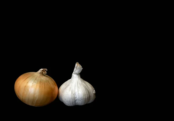 Image Two Vegetables Onion Garlic Black Background — Foto de Stock