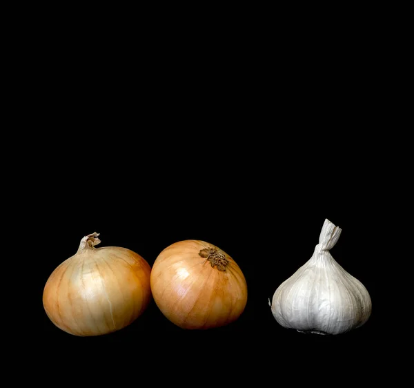 Image Vegetables Onion Garlic Black Backgroun — Zdjęcie stockowe