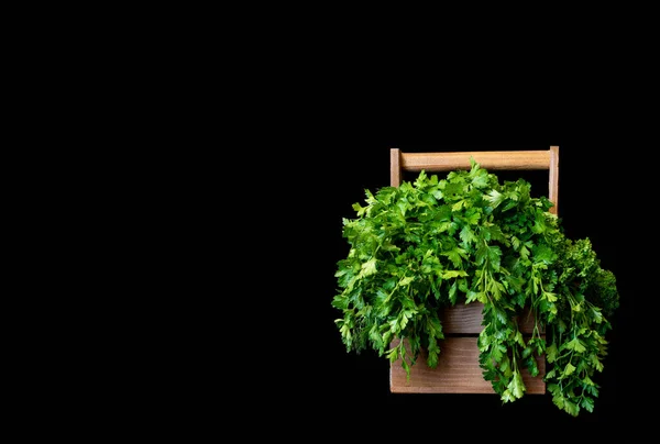 Imagen Una Pequeña Caja Madera Con Ramo Perejil Sobre Fondo — Foto de Stock