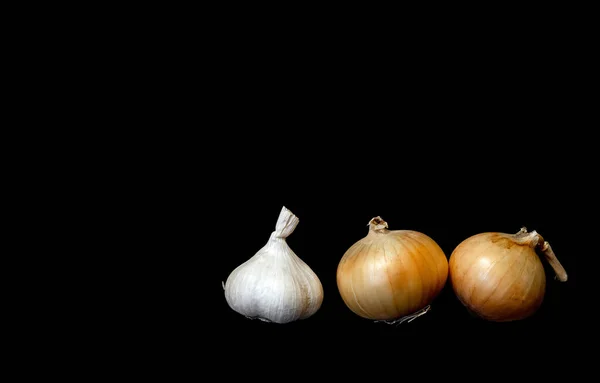 Image Vegetables Onion Garlic Black Background — Foto de Stock