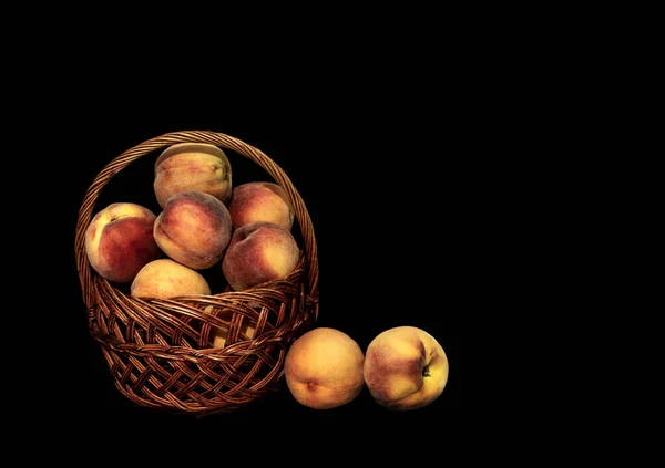 Image Basket Harvest Ripe Peaches Black Backgroun — Foto Stock