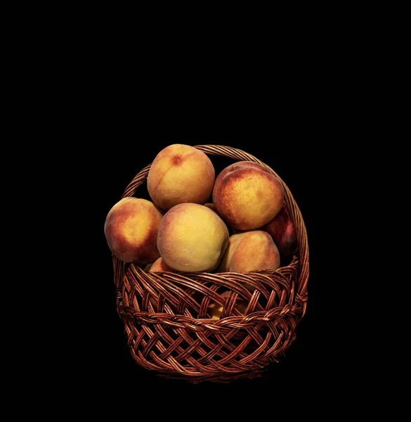 Image Ripe Peaches Basket Black Background — Stok fotoğraf