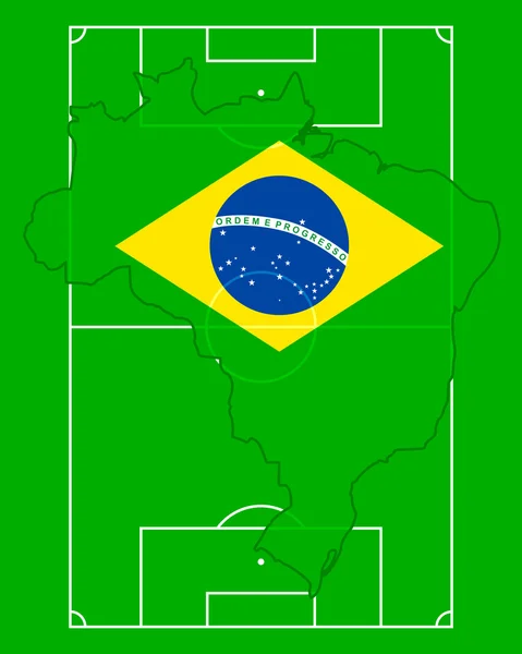 Terrain de football avec carte et drapeau du Brésil — Image vectorielle