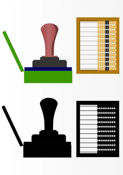 Een doos met een stempel en abacus. — Stockvector