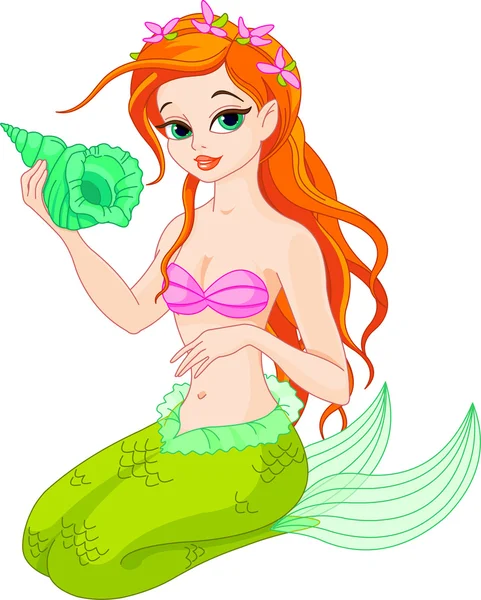 Hermosa sirena con concha marina — Vector de stock