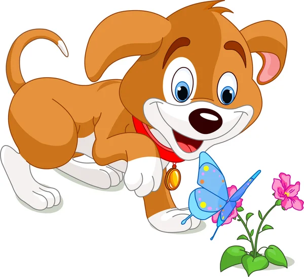 Puppy en vlinder — Stockvector