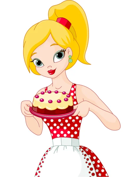 Young Woman Holding Cake — Stock Vector