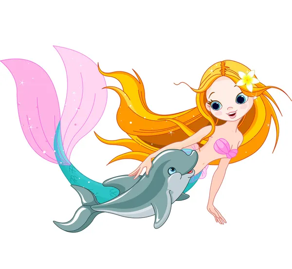 Cute Mermaid and dolphin — Stock Vector