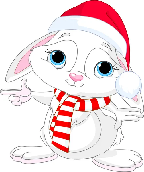 Little Christmas rabbit pointing — Stock Vector