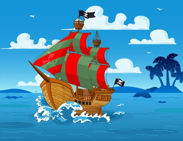 Pirate ship at sea — Stock Vector