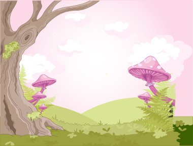 Fantasy landscape with mushrooms and trees clipart