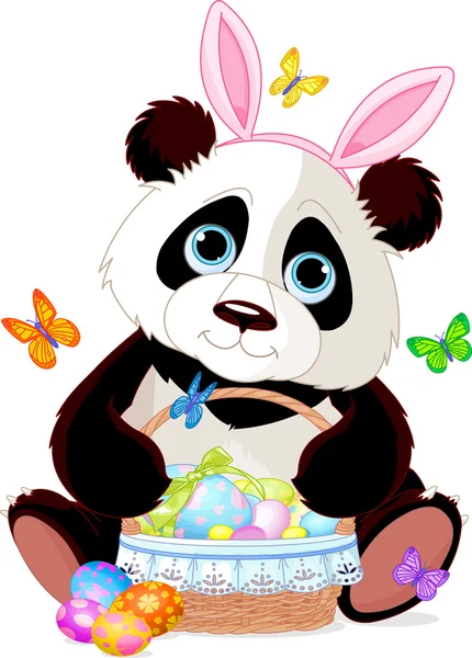 Linda cesta de Pascua Panda llena de huevos — Vector de stock