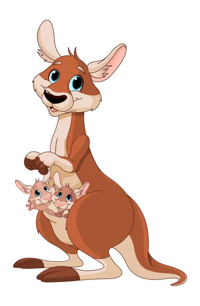 Mother kangaroo with babies in her pouch. — Stock Vector