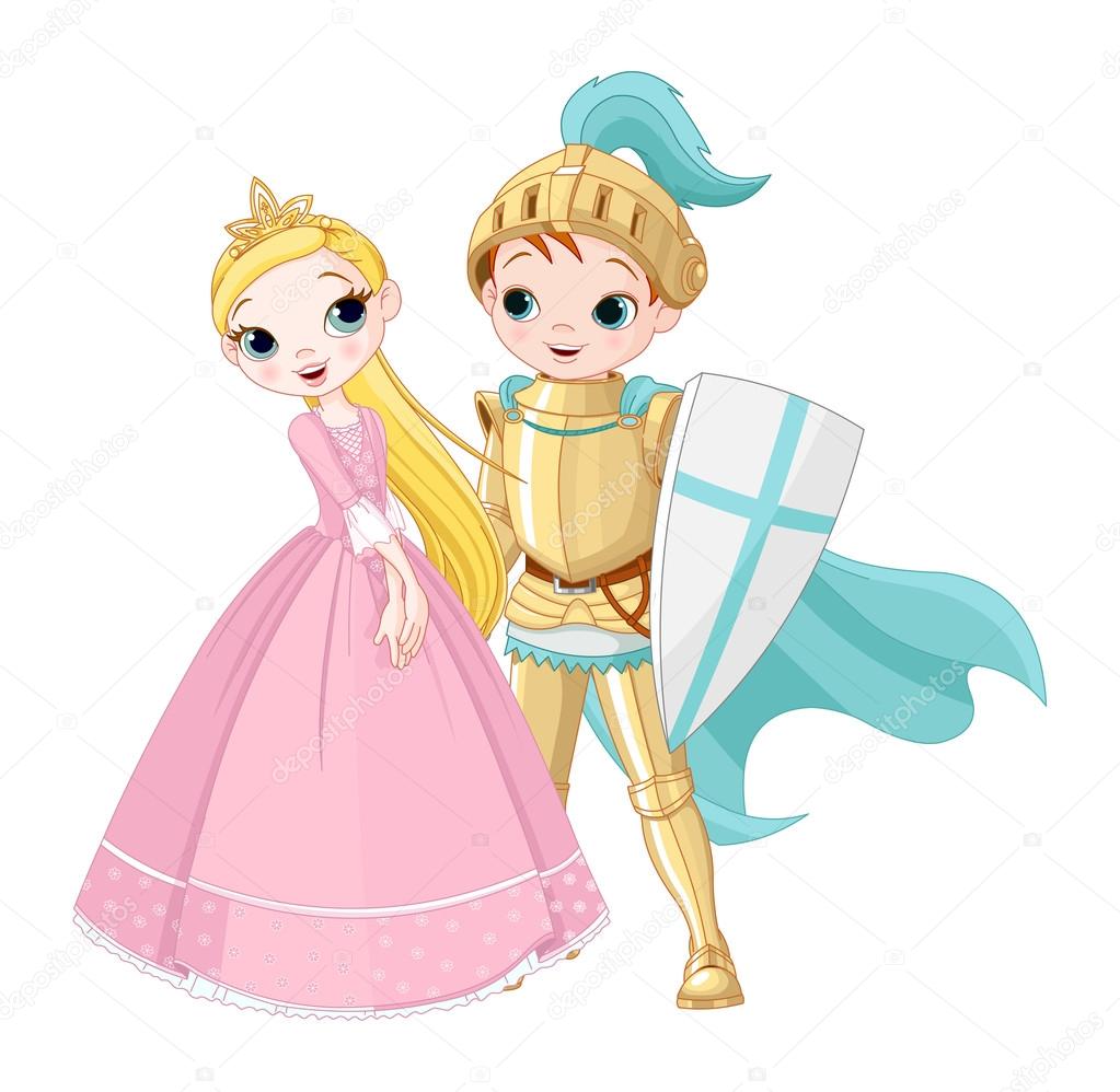 A cartoon illustration of a knight and a princess