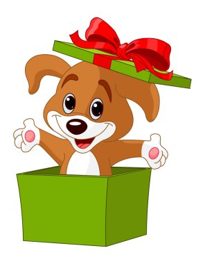 Yavru köpek hediye kutusundan atlıyor.