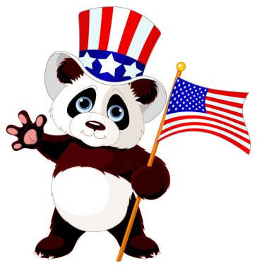 Panda holding Amerikan bayrağı.