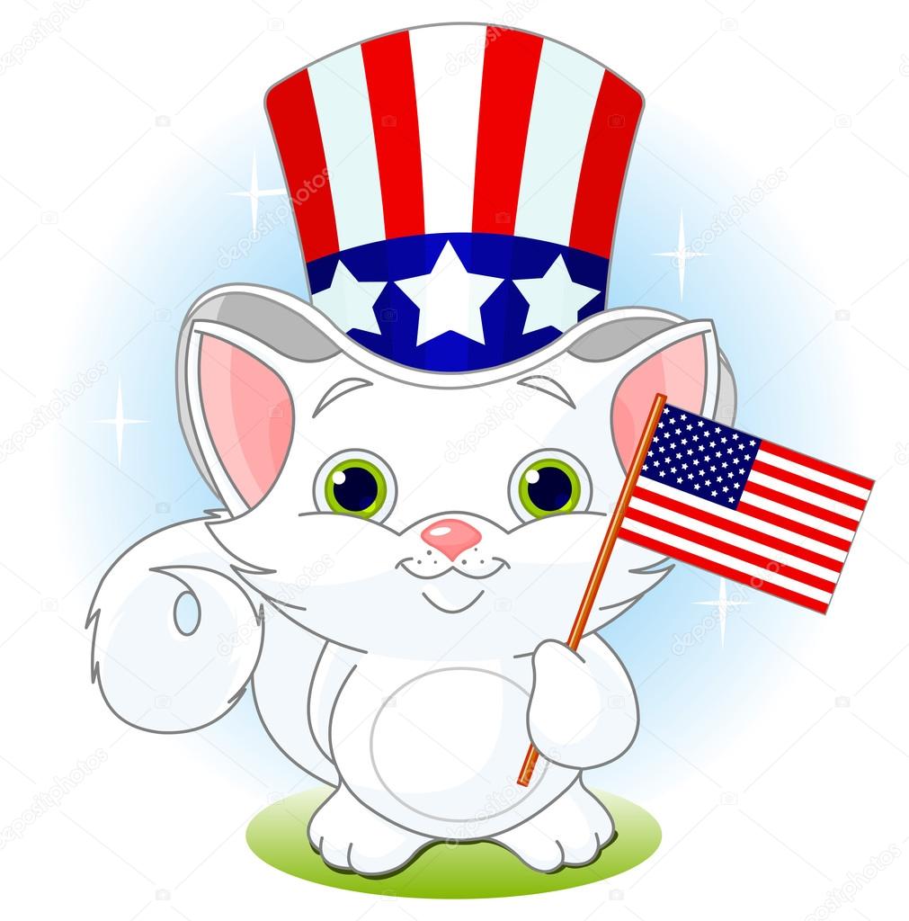Kitten Holding American Flag