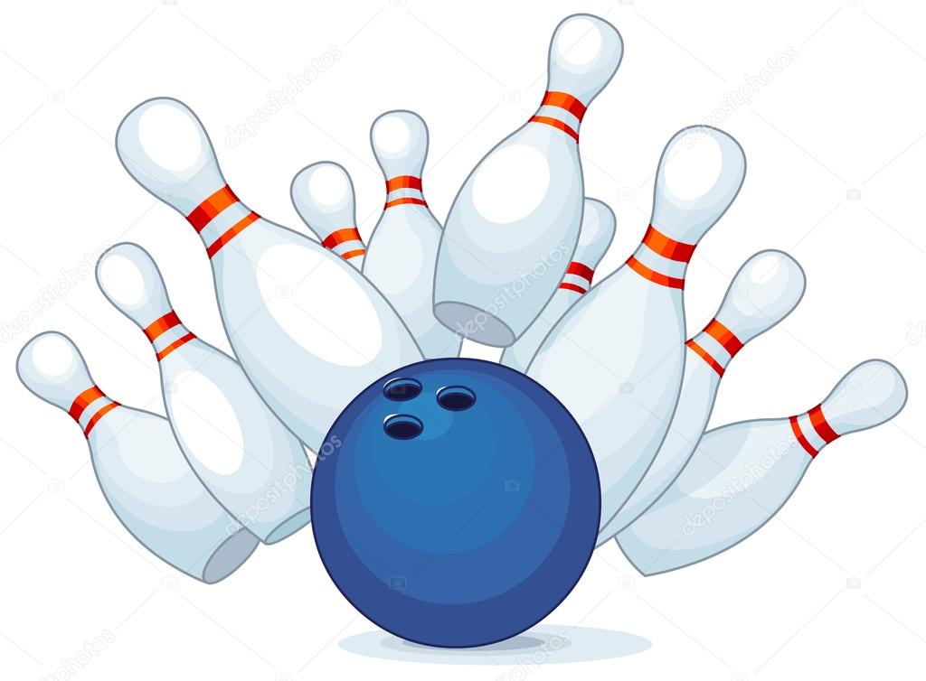 Bowling ball strike with falling pins.