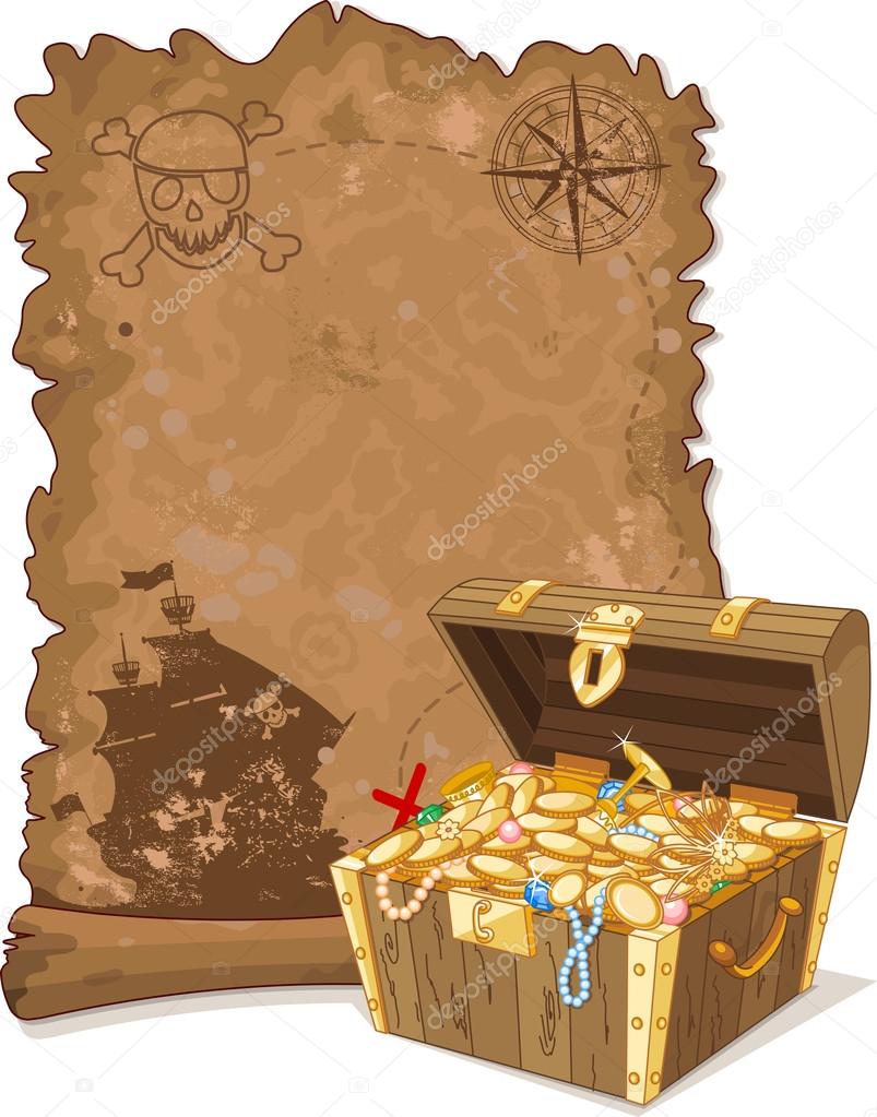 Pirate scroll map and chest full of gold