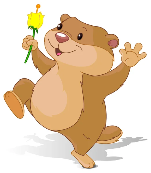 Groundhog dancing with first flower — Stock Vector