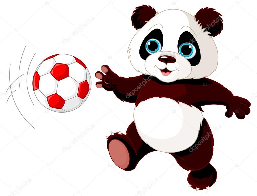 Panda cub playing soccer