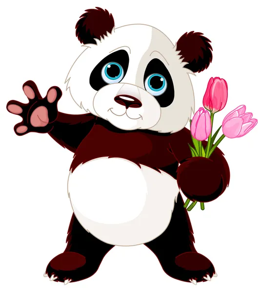 Panda sosteniendo ramo de tulipanes — Vector de stock