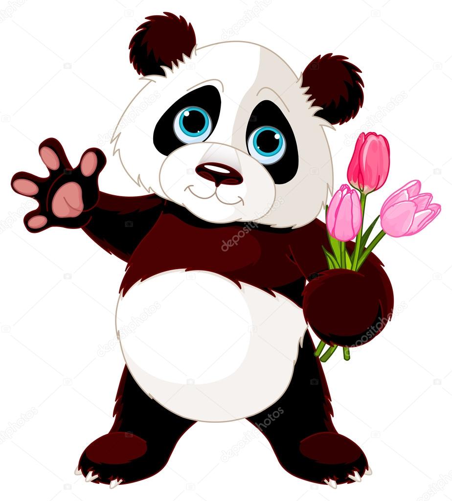 Panda holding bouquet of tulips